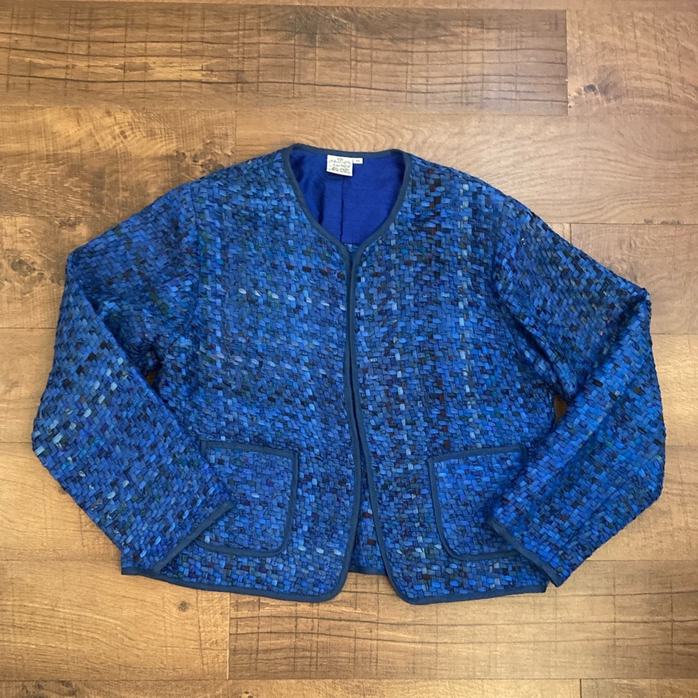 Parsley & Sage Blue Woven 100% Silk Basket Weave Blazer Jacket Boho Women’s M